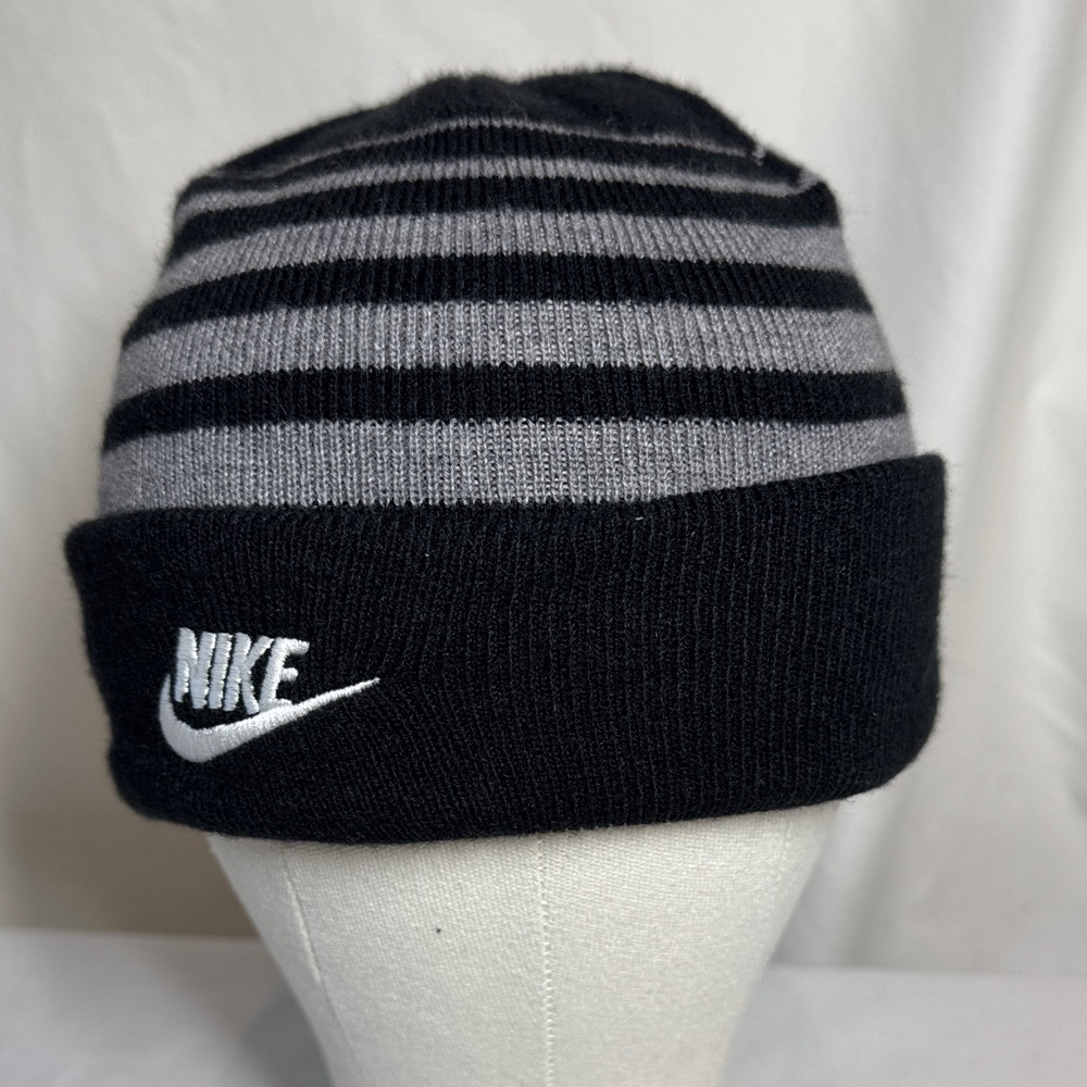 Nike Youth Black and Gray Striped Knit Hat